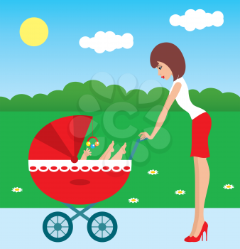 Royalty Free Clipart Image of a Woman Pushing a Buggy