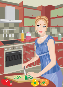 Royalty Free Clipart Image of a Woman Cutting Vegetables