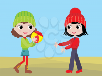 Royalty Free Clipart Image of Little Girls Playing Ball