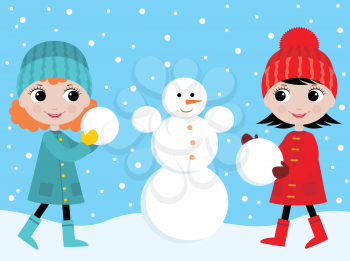 Royalty Free Clipart Image of Girls Building a Snowman