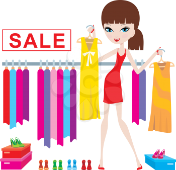 Royalty Free Clipart Image of a Girl at a Clothing Sale