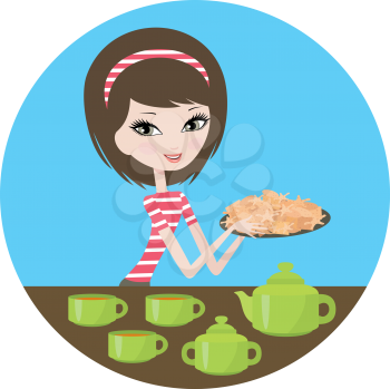 Royalty Free Clipart Image of a Girl With Tea and Cookies
