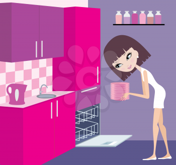 Royalty Free Clipart Image of a Girl Loading the Dishwasher