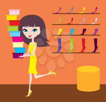 Royalty Free Clipart Image of a Girl in a Shoe Store