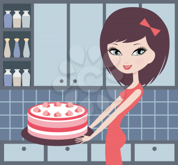 Royalty Free Clipart Image of a Girl With a Cake