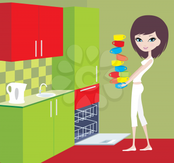 Royalty Free Clipart Image of a Girl Putting Cups in the Dishwasher
