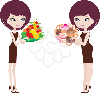 Royalty Free Clipart Image of a Women With Different Types of Food