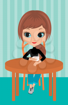 Royalty Free Clipart Image of a Girl Drinking Coffee