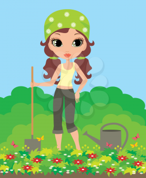 Royalty Free Clipart Image of a Girl in the Garden
