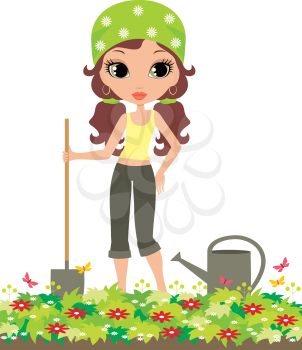 Royalty Free Clipart Image of a Girl in a Garden