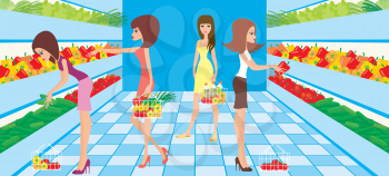 Royalty Free Clipart Image of Women in the Produce Section of a Grocery Store