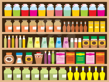 Royalty Free Clipart Image of a Grocery Items on a Shelf