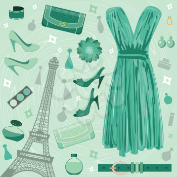 Royalty Free Clipart Image of a Fashion Set With the Eiffel Tower