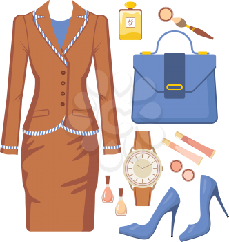 Royalty Free Clipart Image of a Dress and Jacket With Accessories