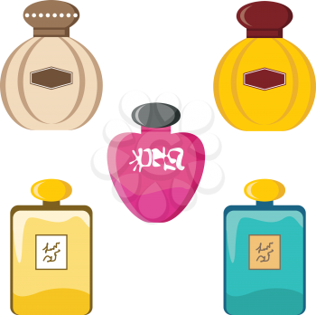 Royalty Free Clipart Image of Five Bottles of Perfume