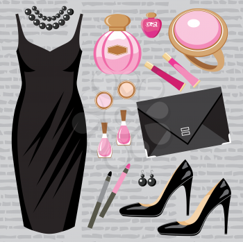 Royalty Free Clipart Image of a Woman's Fashion Set on a Grey Background