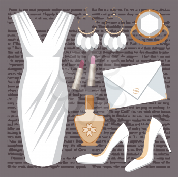 Royalty Free Clipart Image of a White Dress and Accessories