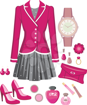 Royalty Free Clipart Image of a Jacket, Skirt and Accessory Background