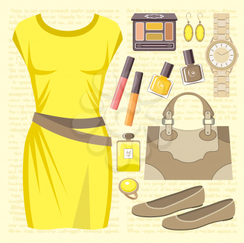 Royalty Free Clipart Image of a Fashion Set With a Yellow Dress