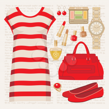 Royalty Free Clipart Image of a Striped Dress and Accessories