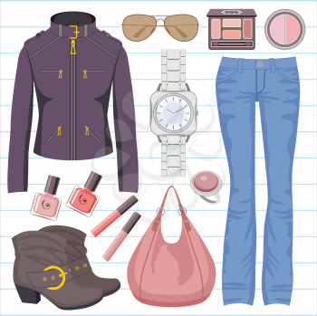 Royalty Free Clipart Image of a Jeans, Jacket and Accessory Set