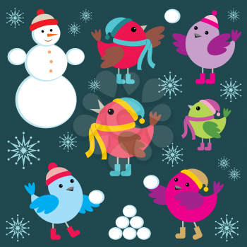 Royalty Free Clipart Image of a Winter Background With Birds and a Snowman