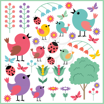 Royalty Free Clipart Image of Birds, Insects and Nature Elements