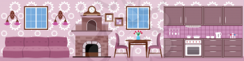 Royalty Free Clipart Image of a Kitchen and Living Room