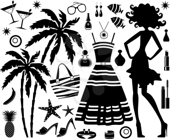 Fashionable set of tropical rest with silhouette of woman