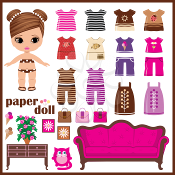 Paper doll with clothes set. vector