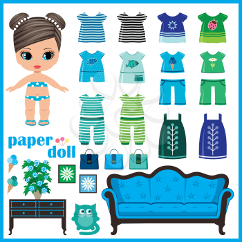 Paper doll with clothes set. vector