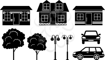 Black icons of houses, trees and machines