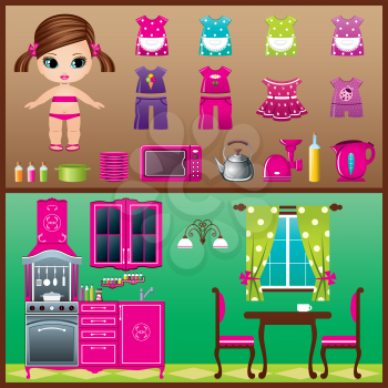 Paper doll with clothes set. vector, gradient, EPS10