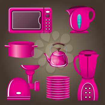 Set pink cookware and kitchen appliances. vector, gradient, EPS10