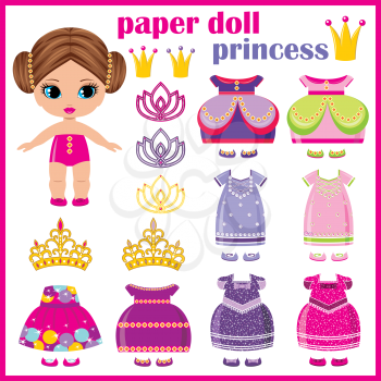 Paper doll princess with a set of clothes. vector 
