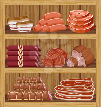 Shelfs with meat products. Meat market. vector 