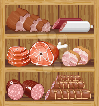 Shelfs with meat products. Meat market. vector 