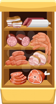 Shelfs with meat products. Meat market. vector