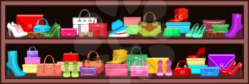 Image of a shelf with bags and shoes. vector illustration