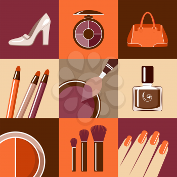 Image of flat round icons with makeup and accessories. Vector illustration