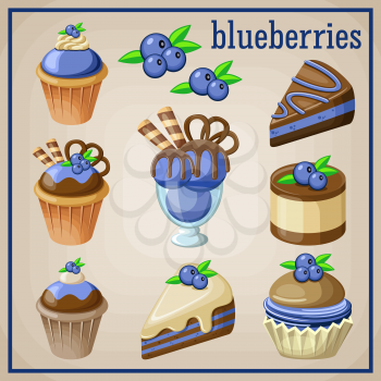 Set of sweets with blueberries. vector illustration