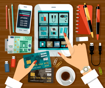 Image of an online store on the tablet screen and female hands with a credit card. Vector illustration