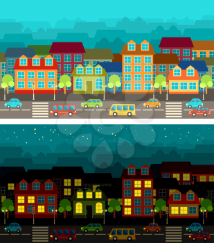Image of the city, streets, houses, roads and cars. Vector illustration