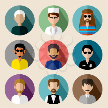 Image of flat round icons with men of different species.  vector illustration
