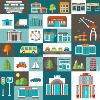 City set with houses, trees and buildings.Vector illustration