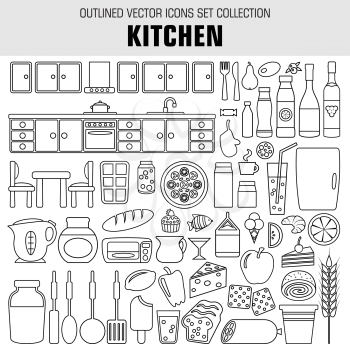 Image set of outline icons on the theme of food, eating and cooking