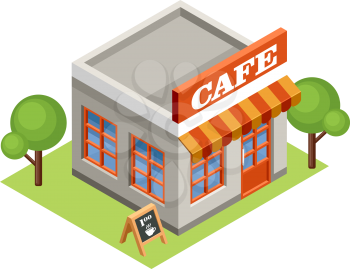 Image isometric cafe, standing on the grass. Vector illustration