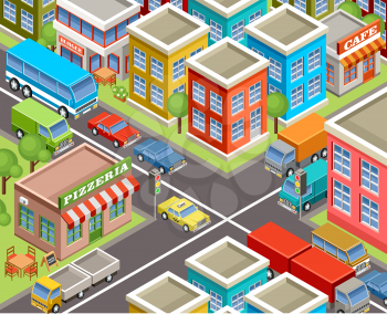 Image isometric city, road, cars, houses. Vector illustration
