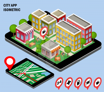 3d isometric city with the specified destination point on the tablet screen. City navigation app. Vector illustration