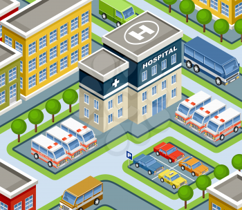 Image isometric hospital, street, cars and houses. Vector illustration
